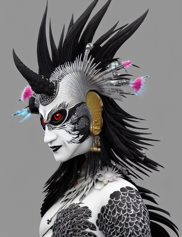 Image similar to 3 d goddess close - up profile simple portrait punk with mohawk with ram skull. beautiful intricately detailed japanese crow kitsune mask and clasical japanese kimono. betta fish, jellyfish phoenix, bio luminescent, plasma, ice, water, wind, creature, artwork by tooth wu and wlop and beeple and greg rutkowski