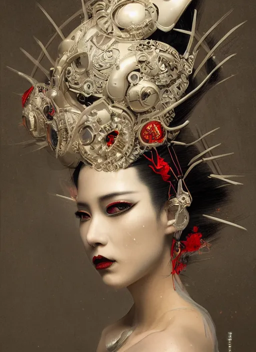 Image similar to portrait of a sensual cyberpunk geisha cyborg with headpiece, imari, modern fine art, fractal, in the style of ghosts in the shell, intricate ornaments, elegant, highly detailed, digital photography, subsurface scattering, by jheronimus bosch and greg rutkowski,