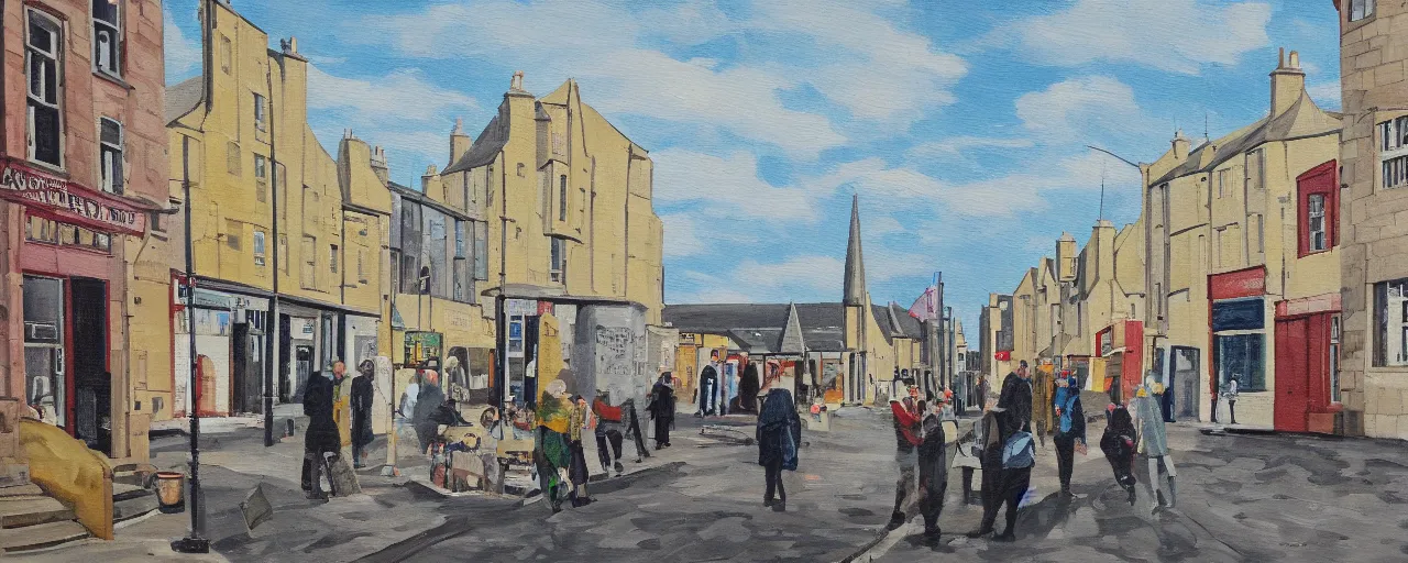 Prompt: a painting of street life in kirkwall orkney, Monumental, imposing, robust, blocks, perspective