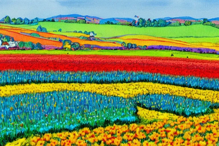 Image similar to painting of a tulip field with rolling hills, watercolour by wes wilson, victor moscoso, robert crumb, peter max, william finn, martin sharp