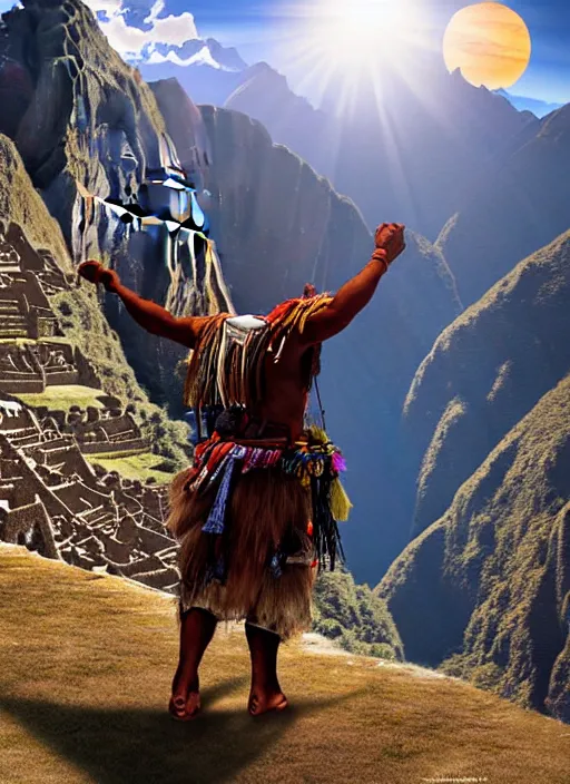 Image similar to a painting of an incan shaman doing a prayer to the sun on the machu picchu with arms up,, matte painting, fantasy art, hyper detailed, concept art