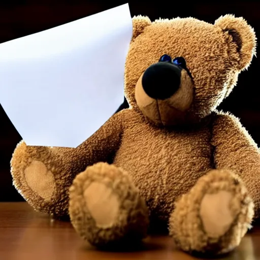 Image similar to teddy bear looking at his termination letter, screaming at it in silence,