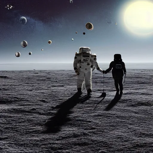 Prompt: silhouette of an astronaut and dog walking on a photorealistic moon, highly detailed, high resolution, moonscape, peaceful, cosmic background, cg society, award winning