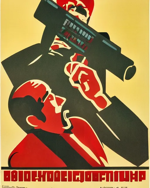 Image similar to soviet propaganda poster of an angry communist developer yelling at his computer