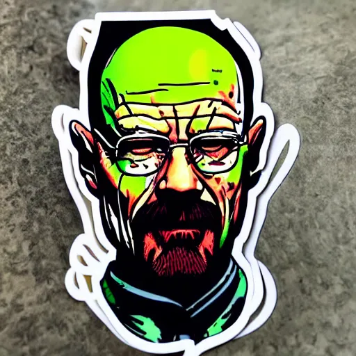 Prompt: die cut sticker, walter white wearing the joker outfit, splatter paint