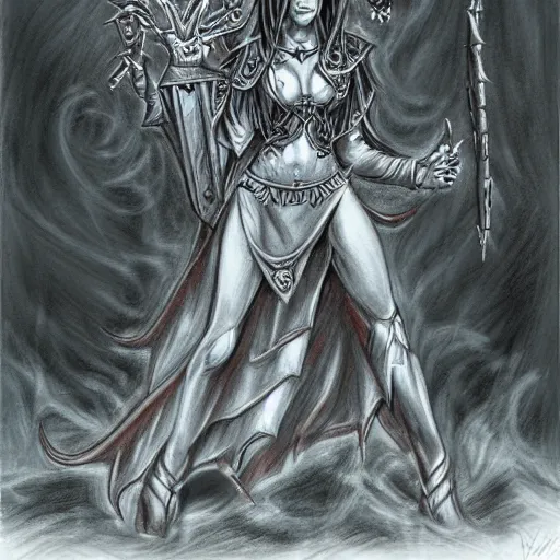 Prompt: dark elf sorceress who is summoning a demon in the style of warhammer fantasy : : head and shoulders drawing