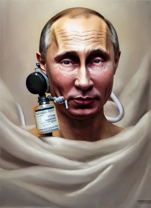 Image similar to a super very hyperrealistic oil painting of ill Vladimir Putin as a patient wearing an oxygen mask on a death bed inhaling from Copium tank that stand near his bed, visible face, by Laurie Greasley, Lawrence Alma-Tadema, Dan Mumford, artstation, deviantart, FAN ART, full of color, Digital painting, face enhance, highly detailed, 8K, octane, golden ratio, cinematic lighting