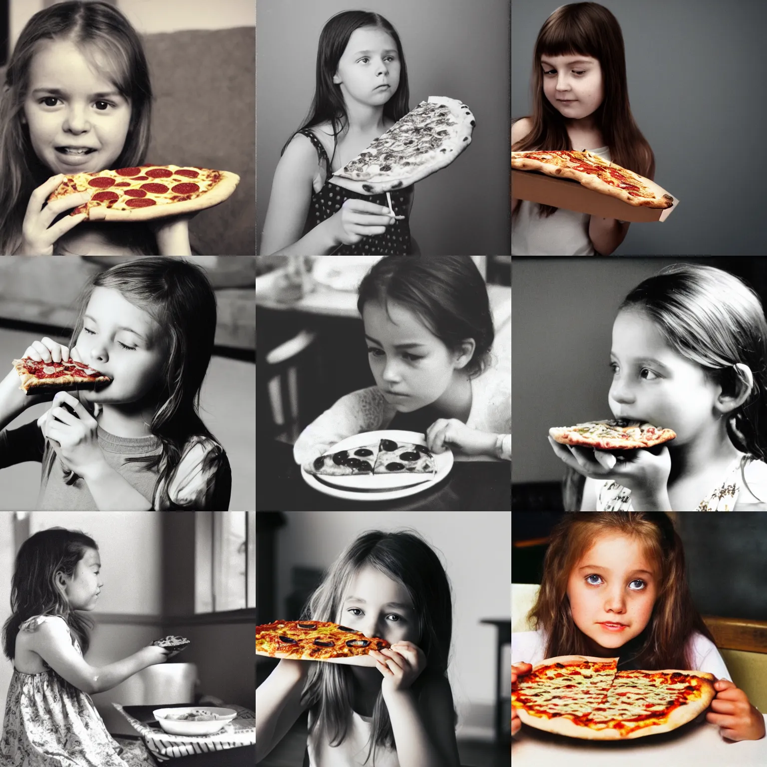 Prompt: a young girl eating a very tasty looking slice of pizza, 0 0 s movie, low quality video, sepia, jpeg artefacts