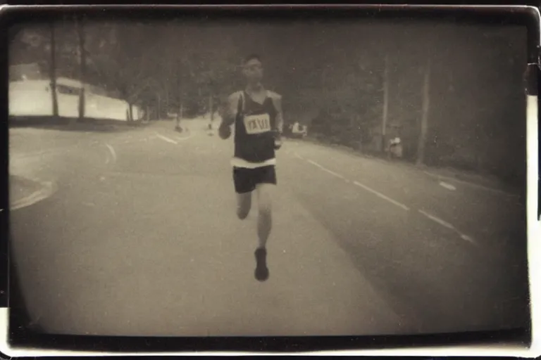 Image similar to dark old polaroid of a sad man running a marathon