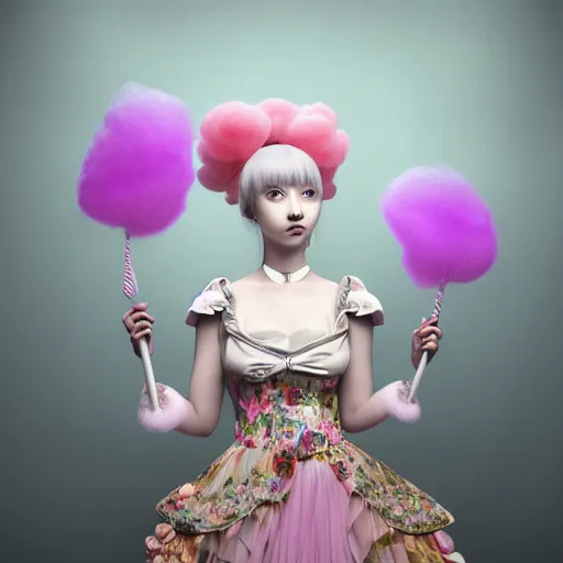 Prompt: 8 k, octane render, realism, tonalism, renaissance, rococo, baroque, portrait of a young - lady wearing long - harajuku manga - dress with flowers and skulls, cotton candy!! ( background chaotic cotton candy flowers )