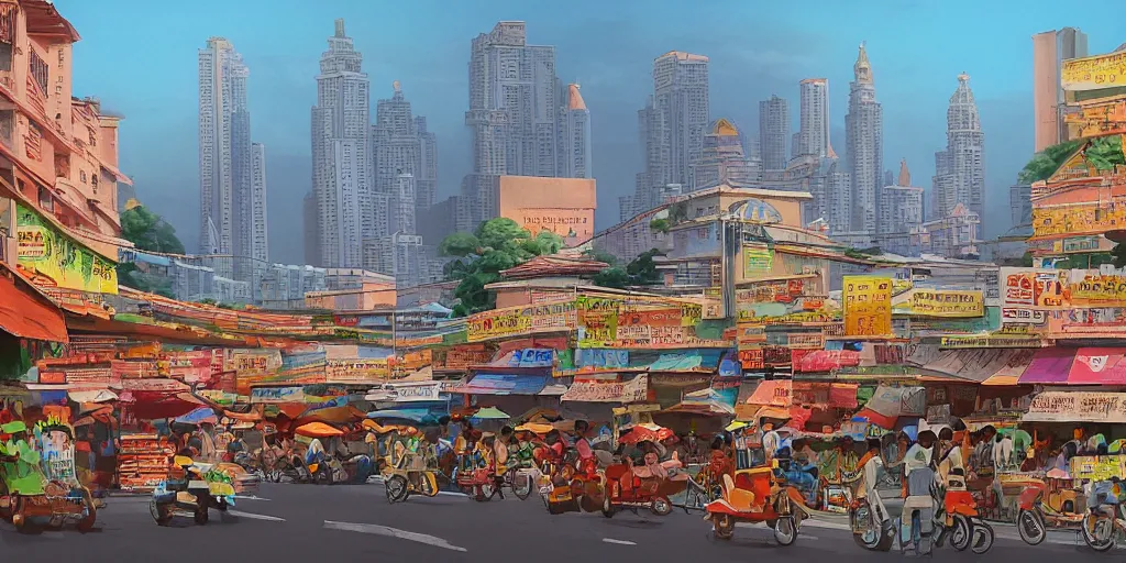 Prompt: little india sundry shop with kuala lumpur twin towers in the background, evening, highly detailed matte painting, studio ghibli, artstation