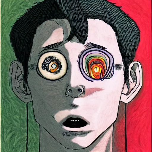 Image similar to a self-portrait of jung jaehyun in the art style of junji ito, color restoration,