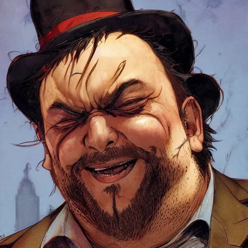 Prompt: fat man with a neckbeard wearing a fedora, smiling, character close up, art by karol bak, yoji shinkawa, ultrafine detail, artstation, high quality