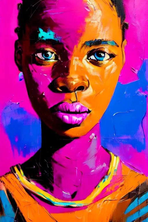 Image similar to portrait of a stylized african young lady, painted in acrylic, pigment textures, wet paint, in the colors hot pink and cyan, beautiful realistic face, rule of thirds, spotlight, by greg rutkowski, by jeremy mann, by francoise nielly, by van gogh, by ross tran, in focus