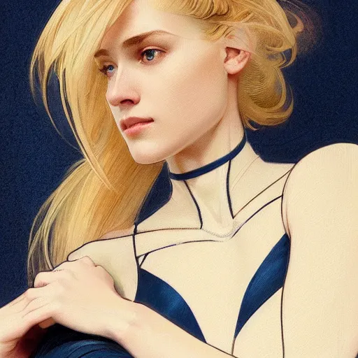 Image similar to a beautiful portrait of a beautiful cute young superhero woman, shoulder - length blonde hair, tight solid matte navy blue lycra bodysuit, white cape, intricate, elegant, 8 k, highly detailed, digital painting, concept art, smooth, sharp focus, illustration, by artgerm greg rutkowski alphonse mucha loish wlop