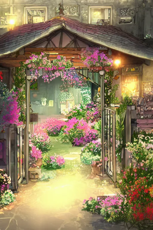 Prompt: a little flower shop's front gate, refreshing, digital illustration, dramatic lighting, pixiv