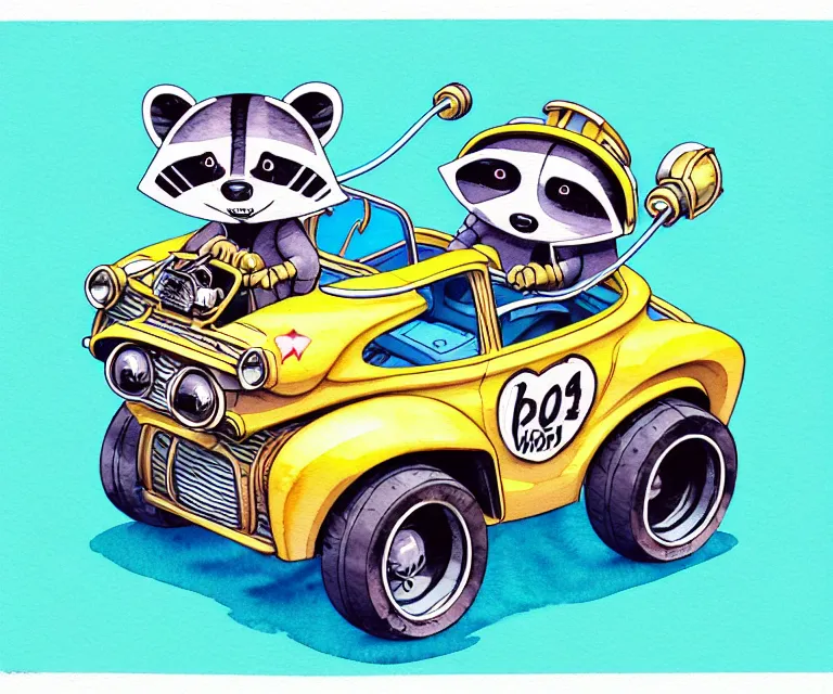 Image similar to cute and funny, racoon wearing a helmet riding in a tiny hot rod with oversized engine, ratfink style by ed roth, centered award winning watercolor pen illustration, isometric illustration by chihiro iwasaki, edited by beeple, tiny details by artgerm, symmetrically isometrically centered