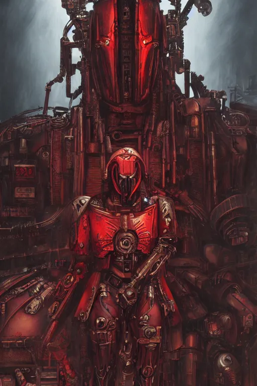Prompt: portrait of adeptus mechanicus in red hood and robe from Warhammer 40000. Highly detailed, artstation, illustration by Karl Kopinski and Adrian Smith and John Blanche and zdislav beksinski and wayne barlowe