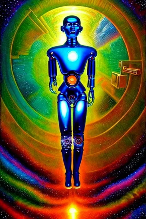 Prompt: a photorealistic detailed cinematic image of a 3 d artificially intelligent iridescent cyborg explaining the origins of humanity. emotional, exciting, compelling, by pinterest, david a. hardy, kinkade, lisa frank, wpa, public works mural, socialist