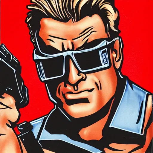 Image similar to Duke Nukem, red tank-top, Duke Nukem 90s cover art
