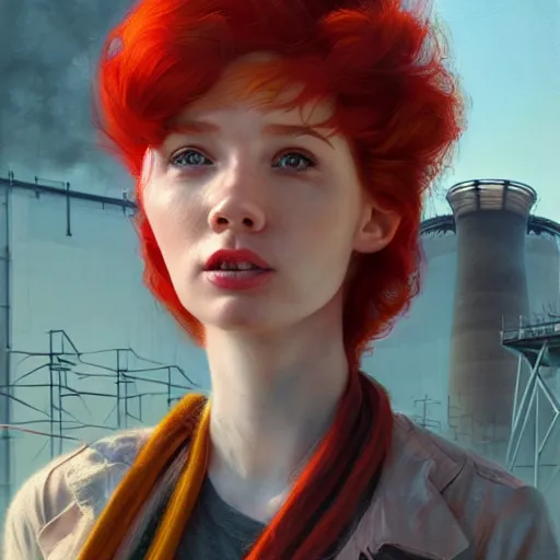 Image similar to red hair girl, chernobyl powerplant!!!, rubble, flowers, vines, hyperrealistic, highly detailed, cinematic, single ray of golden sunlight, beautiful, cgssociety, artstation, 8 k, oil painting by greg rutkowski, by artgerm, by wlop