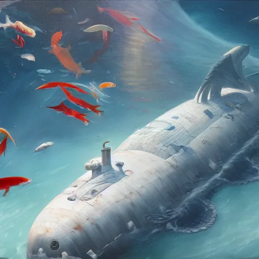 Image similar to subsurface scattering, white, giant submarine, koi colors, koi not included, octane render, jesper ejsing, justin gerard, james jean, tomasz alen kopera, cgsociety, fenghua zhong, makoto shinkai, highly detailed, rim light, art, cinematic lighting, very coherent, hyper realism, 8 k