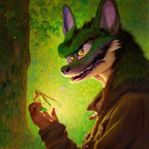 Image similar to a portrait of a male green dragon in farmer clothes at night in a dark forest. zootopia fursona furaffinity furry art detailed face painting by gaston bussiere craig mullins jc leyendecker gustav klimt artgerm greg rutkowski furry