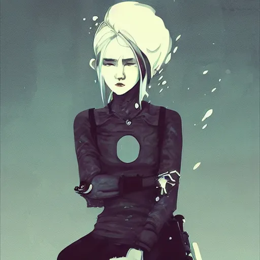 Image similar to Highly detailed portrait of a moody sullen punk zombie young lady with freckles by Atey Ghailan, by Loish, by Bryan Lee O'Malley, by Cliff Chiang, by Goro Fujita, by Greg Tocchini, inspired by ((image comics)), inspired by nier:automata, inspired by graphic novel cover art !!!cyan, brown, black, yellow and white color scheme ((grafitti tag brick wall background))