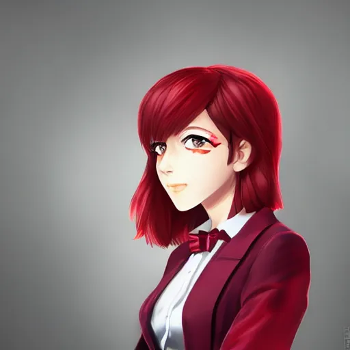 Image similar to a girl wearing a red business suit, she has a purple checkered nexktie, anime art, HD, ambient lighting, artstation, smooth