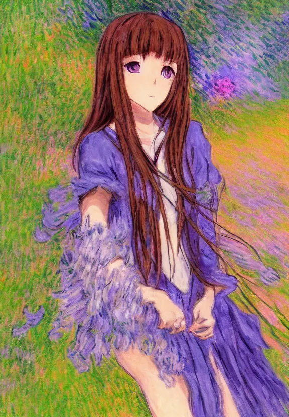 Image similar to wide angle portrait of a teenage girl, a thrifty outfit, somewhat of an anime in impressionist style, fantasy forest background, trending artwork, illustrated in anime painter studio, by claude monet and an anime artist, collaboration