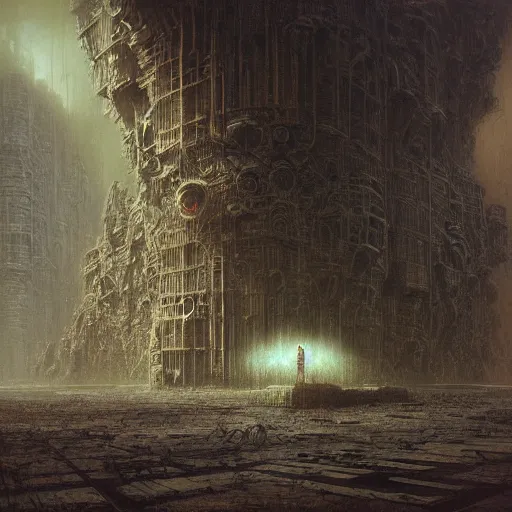 Prompt: lost and alone in a vast future sci - fi cyberpunk megastructure by gustave dore and gustave moreau and beksinski and giger and craig mullins and jeremy mann