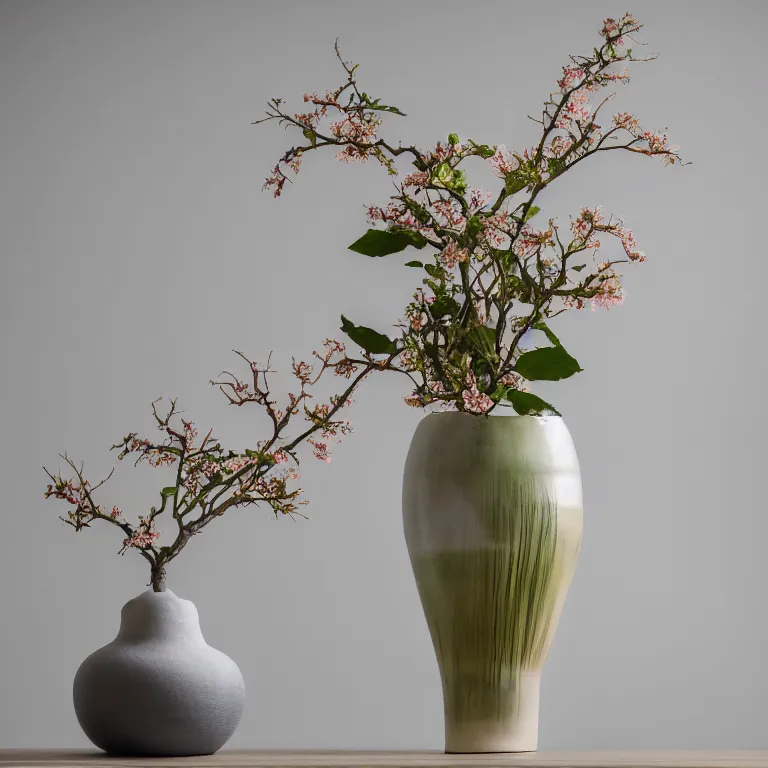 Image similar to a photo of 8k Ikebana in flower vase, ikenobo, ohararyu, sougetsu, wide angle, full body, sony a7r3, ultra detail, photorealistic, in simple background