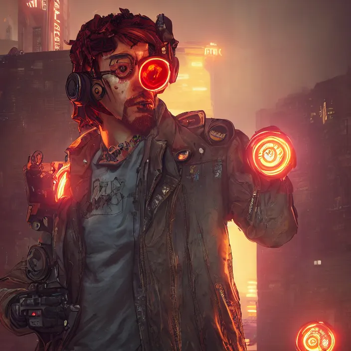 Image similar to cyberpunk portrait of curly orange hair man from borderlands 3, au naturel, hyper detailed, digital art, trending in artstation, cinematic lighting, studio quality, smooth render, unreal engine 5 rendered, octane rendered, art style by klimt and nixeu and ian sprigger and wlop and krenz cushart.