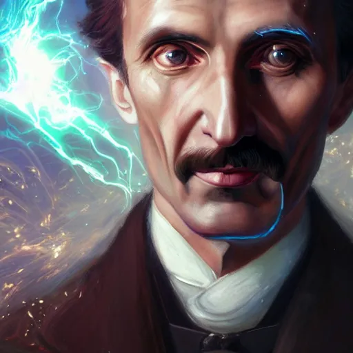 Image similar to portrait of nikola tesla as zeus, league of legends amazing splashscreen artwork, fantasy, splash art, natural light, elegant, photorealistic facial features, intricate, fantasy, detailed face, atmospheric lighting, anamorphic lens flare, cinematic lighting, league of legends splash art, hd wallpaper, ultra high details by greg rutkowski