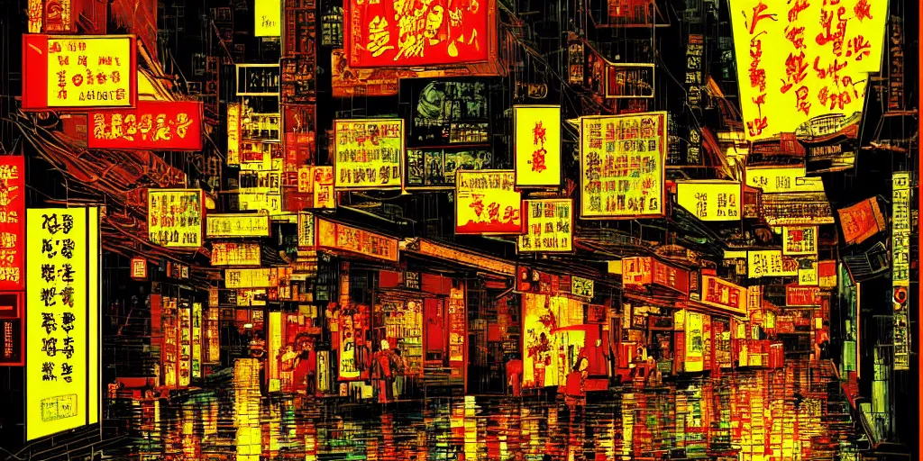 Prompt: artwork of wong kar - wai's hong kong street, by dan mumford and toshi yoshida and peter doig, vintage, highly detailed, dramatic lighting, 8 k