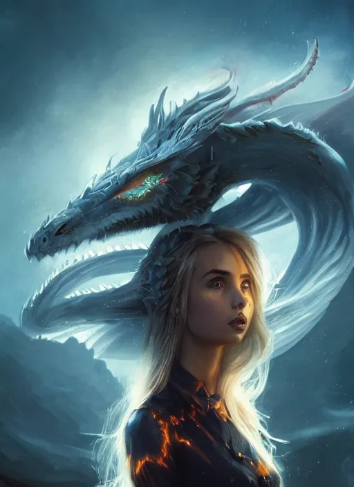 Image similar to evil pretty blond girl dragon surrounded by fire tornadoes, flawless symmetrical pretty cute face, ana de armas, hetrochromia, greg rutkowski, 8 k, shallow depth of field, intricate detail, concept art,