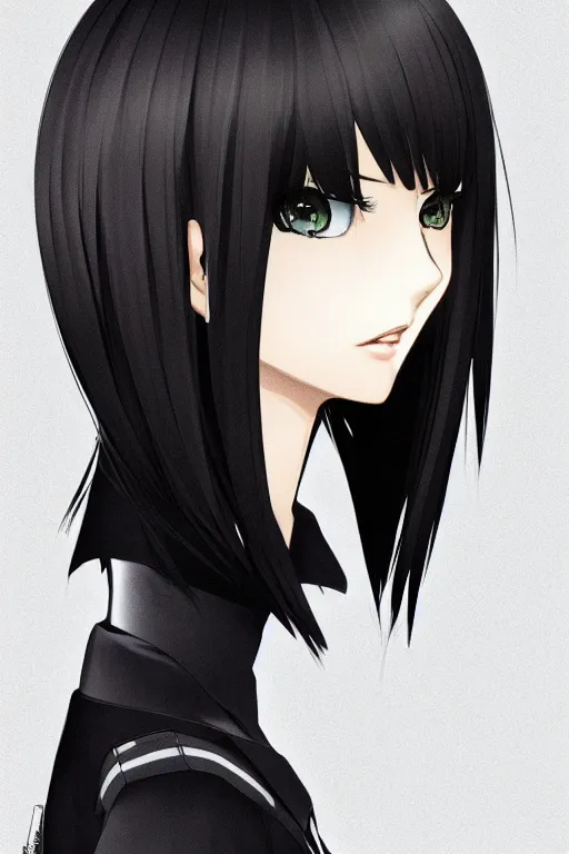 Prompt: medium close-up of a manga girl with a stylish trenchcoat by Ilya Kuvshinov, black medium length Dutch bob cut hair with straight bangs, poster