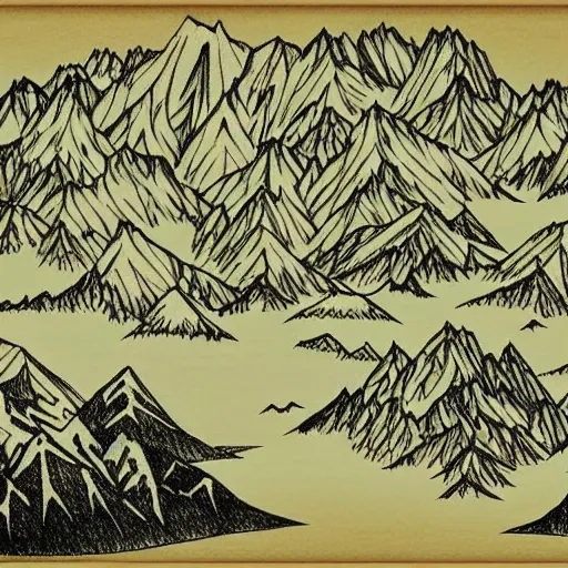 Image similar to mountains an trees in fantasy map style, high detailed drawing, drawing on wihte paper