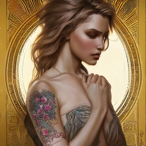 Image similar to ultra realistic illustration, a hot and beautiful tattooed blonde slavic woman in her 3 0's, intricate, elegant, highly detailed, digital painting, artstation, concept art, smooth, sharp focus, illustration, art by artgerm and greg rutkowski and alphonse mucha