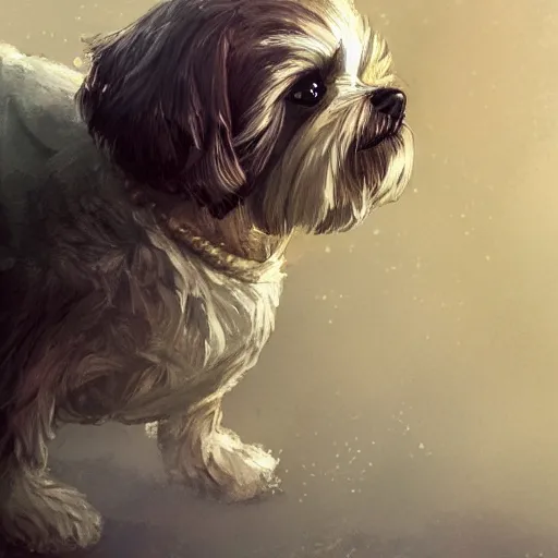 Image similar to shih tzu Dog, battle armour, Anthropomorphized, casting epic spell, magic the gathering artwork, D&D, fantasy, cinematic lighting, centered, symmetrical, highly detailed, digital painting, artstation, concept art, smooth, sharp focus, illustration, volumetric lighting, epic Composition, 8k, art by Akihiko Yoshida and Greg Rutkowski and Craig Mullins, heroic pose, oil painting, cgsociety, magic lab background