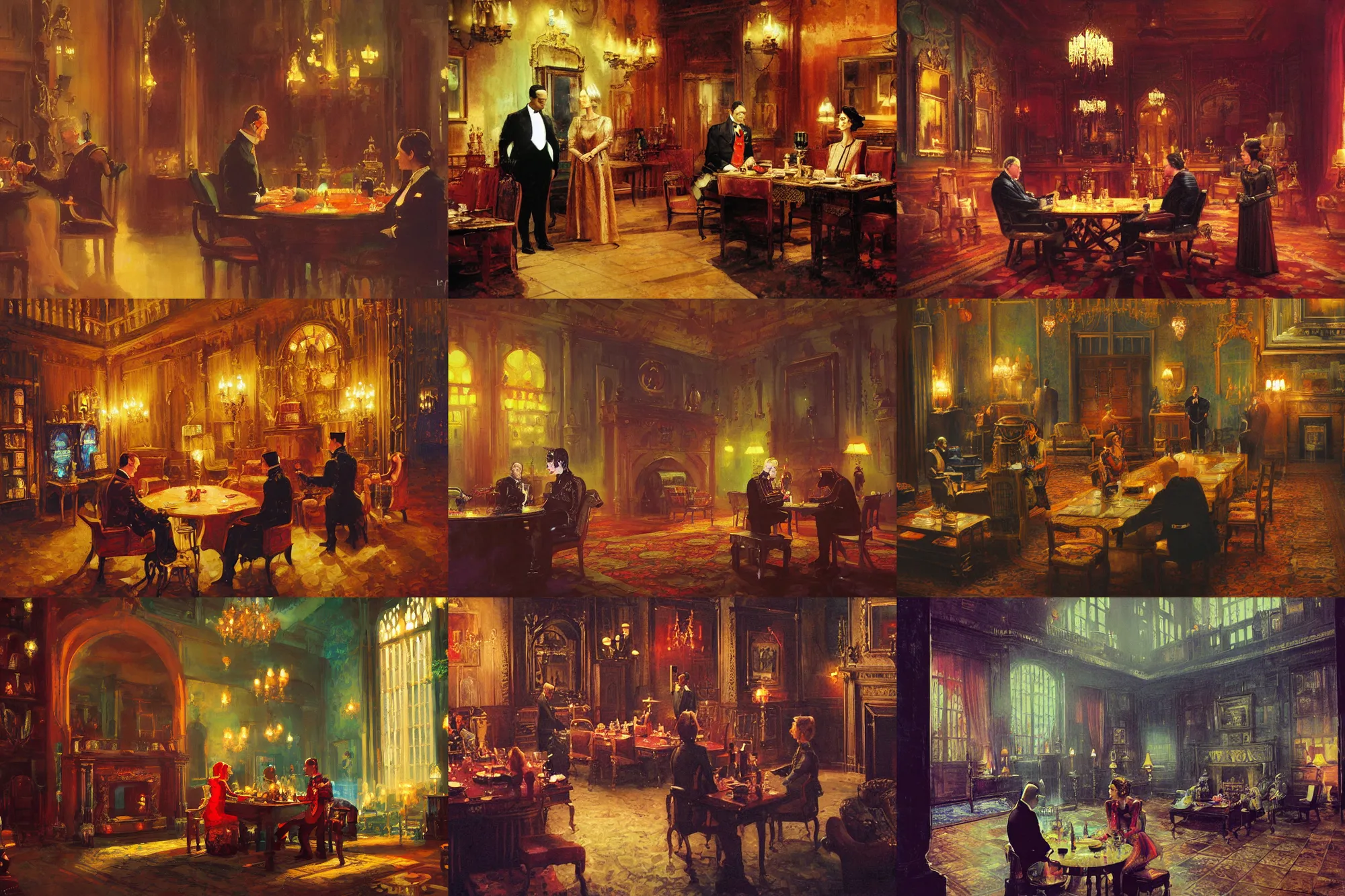 Prompt: a conversation between the duke and his lady, cyberpunk downton abbey, interior shot, dining hall by paul lehr