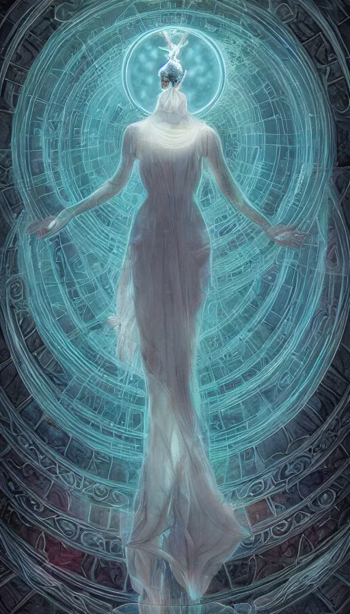 Prompt: goddess of illusion, beautiful, stunning, breathtaking, mirrors, glass, magic circle, magic doorway, fantasy, mist, bioluminescence, hyper - realistic, unreal engine, by james jean,