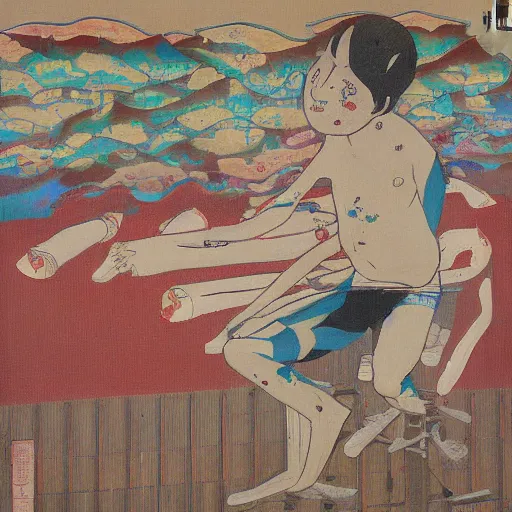 Image similar to a tadami yamada painting when he was deeply schizophrenic