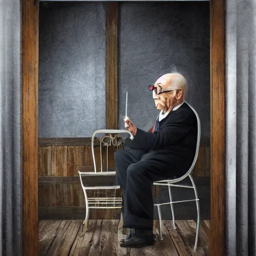 Image similar to angry old man in chair inside a dark house, surrealism