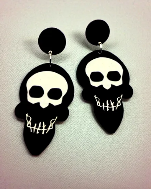 Image similar to spooky cartoon skull, 2 d lasercut earrings, in the style of tim burton