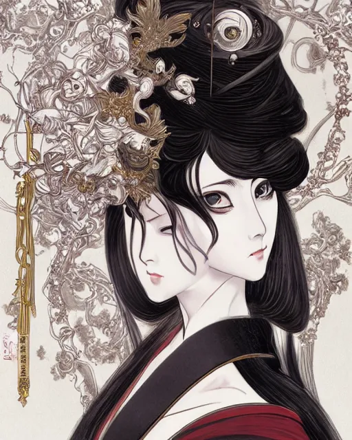 Prompt: portrait of a geisha, baroque style, elegant, beautiful, mesmerizing, concept art, highly detailed, artstation, behance, deviantart, inspired by innocent manga, inspired by castlevania concept art, trending, ayami kojima, shinichi sakamoto