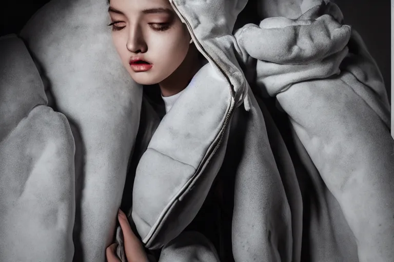 Image similar to well lit fashion shoot portrait of extremely beautiful female marble statue wearing huge over size puffer jacket by dingyun zhang, yeezy, balenciaga, vetements, a cold wall, sharp focus, clear, detailed,, cinematic, detailed, off white, glamourous, symmetrical, vogue, editorial, fashion, magazine shoot, glossy