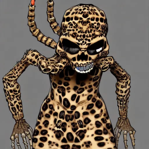 Image similar to Skull that look too much like skull!, crypt lurker!!, 8k CG character rendering of a spider-like hunting female on its back, fangs extended, wearing a leopard-patterned dress, set against a white background, with textured hair and skin.