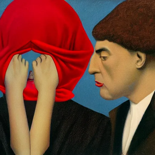 Image similar to a woman in a red dress kissing a man in a suit with both of them having a blanket completely covering their heads, rene magritte style