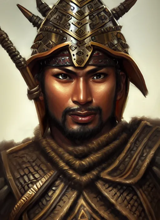 Prompt: smart tai warlord, closeup portrait, historical, ethnic group, traditional tai costume, bronze headset, intricate, with leather armor cross onbare chest, elegant, loin cloth, highly detailed, oill painting, artstation, concept art, matte, sharp focus, illustration, hearthstone, art by earl norem